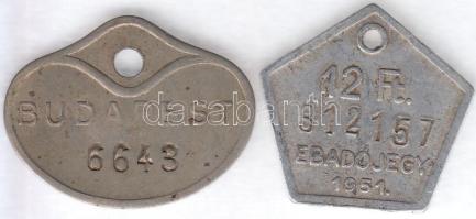 1937. "Budapest / Ebvédjegy" sorszámozott + 1951. "12Ft ebadójegy" sorszámozott T:2,2-