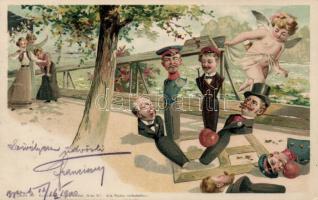 Nine-pin bowling, humour, litho