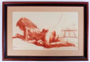 Bihari Sándor (1947-): Fekvő női akt. Pasztell, papír, jelzett, üvegezett keretben, 39×60 cm