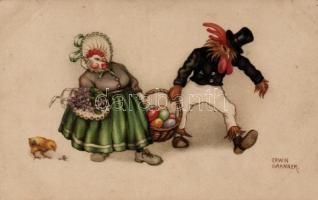 Chicken couple, humour, litho, s: Erwin Granner