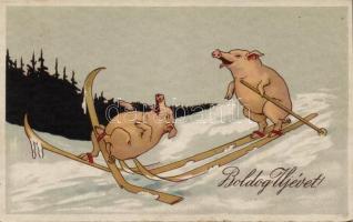 New Year skiing pigs litho (EB)