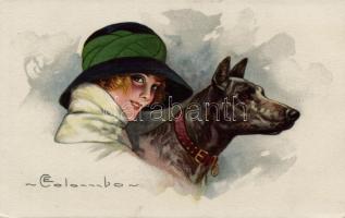Lady and dog; Italian art postcard s: Colombo