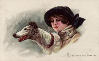 Lady and dog; Italian art postcard s: Colombo