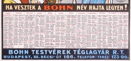 1927 Bohn tetőcserép kőnyomatos plakát és naptár. s: Márton Lajos. Klösz nyomda 
1927 Litho calendar...