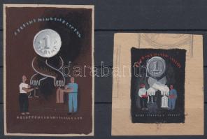 1946 Konecsni György (1908-1970): Forint propaganda tervek. Akvarell /  1946 Forint propaganda essays. Watercolor 55x78 mm, 55x68 mm