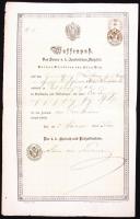 1850 Waffenpaß. Fegyvertartási engedély okmánybélyeggel, a pest-budai rendőrség pecsétjével (K.K. Polizei Direction Ofen Pest) / 1850 Firearms licence from Budapest