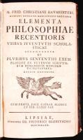 M. Fried[rich]. Christian Baumeister: Elementa philosophiae recentioris usibus iuventutis scholasticae accommodata, et pluribus sententiis exemplisque ex veterum scriptorum romanorum monimentis illustrata. Editio novissima. Lipsiae, 1770, sumtibus Io. Friderici Gleditschii. Korabeli, aranyozott, bordázott gerincű egészbőr kötésben, festett lapszélekkel, címképen a szerző portréjával, a címlapon vignettával (a kötéstáblán és a gerincen kisebb sérülések) /  Gold plated leather binding, author's portrait on frontispiece, vignette on title page (some faults on bidning)