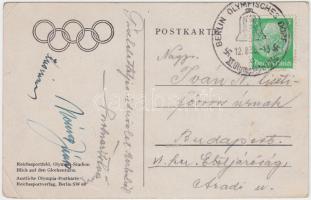 1936 Az olimpiai bajnok magyar vízilabda csapat két tagjának aláírása a Berlini Olimpiáról hazaküldött képeslapon. Németh János, Molnár István / 1936 Autograpg signatures of memebers of the Olympic Games winner waterpolo team