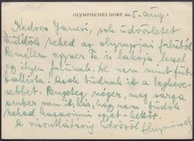 1936 Szymiczek (dr. Szilassy) Alajos evezős, Európa bajnok által küldött levelezőlap a berlini olimp...