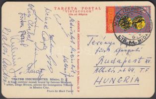 1968 A magyar olimpiai csapat több tagja által aláírt képeslap, több aranyérmessel: Németh Angéla, Kiss Antal, Balczó András, Kalmár János, Kulcsár Gergely... / 1968 Postcard signed by mostly gold medalist of the Hungarian Olypmpic team