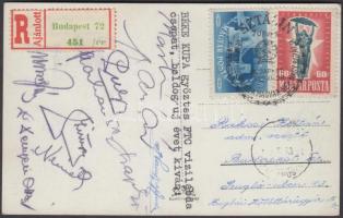 1949 Margitszigeti versenyuszoda képeslap ajánlottan az FTC vízilabda csapatának aláírásával / 1949 Postcard with the signatures of the FTC water-polo team