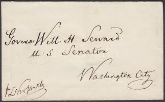cca 1853 Kossuth Lajos saját kézzel megcímzett és aláírt levélborítékja William H. Seward amerikai szenátornak tartalom nélkül / cca 1853 Autograph signed and written cover from Lajos Kossuth to US senator William H. Seward