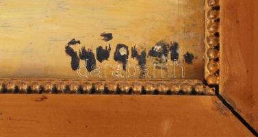 Gyügyos jelzéssel: Kálvin tér. Olaj, karton, üvegezett keretben 26×36 cm