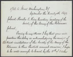 1899 Julius Stahel (Számvald Gyula) (1827-1912) 1848-as szabadságharcos, később amerikai tábornok és főkonzul saját kézzel írt levele Horatio King ezredesnek, melyben megígéri, hogy ha egészsége engedi, részt vesz majd a Potomaci Hadsereg Társaságának 30. évfordulós ünnepségén / 1899 Autograph letter of Julius Stahel Union general in the American Civil War owner of the Medal of Honor to colonel Horatio King in which he excuses himself and promises his attendation to the assembly of the Society of the Army of Potomac