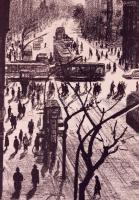 Ék Sándor (1902-1975): Kereszteződés a Nemzeti Színháznál. Litográfia, papír, jelzett, 50×70 cm