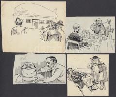 Mühlbeck Károly (1869-1943): Illusztrációk 4db Gárdonyi Géza: Göre Gábor bíró úr sorozatából, tus, papír, jelzett 1db, (4)× 10×8 cm