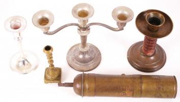 vegyes asztali tétel 4 db réz, bronz és egyéb fém gyertyatartó, réz kávédaráló kar nélkül