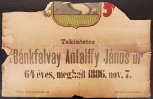 1886 Bánkfalvay Antalfy János halotti címere. Rossz állapotban kettészakadva 50x60 cm