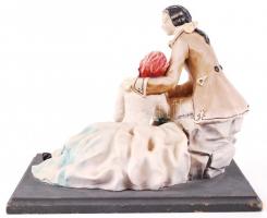 Rokokó idill, festett kerámia szobor Miriam jelzéssel, fa talapzaton / 
Rococo scene, painted cerami...
