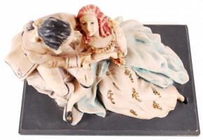 Rokokó idill, festett kerámia szobor Miriam jelzéssel, fa talapzaton / 
Rococo scene, painted cerami...