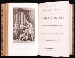 D(aniel) E(rnst) Wagner: Geschichte des russischen Reiches von den ältesten bis auf die neuesten Zeiten. Neu bearbeitet und bis zum Tilsiter Frieden fortgesetzt. Bde. III-VI. Wien, 1810, Ph. Bauer. Korabeli félvászon kötésben, színezett lapszélekkel, két címképmetszettel, a kötésen kisebb kopások, egyébként jó állapotú / Half linen binding, two frontispieces, good condition