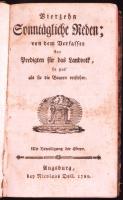 Vierzehn sonntägliche Reden; von dem Verfasser der Predigten für das Landvolk, so gut als sie die Bauern verstehen. Augsburg, 1789, Nicolaus Doll. Korabeli, aranyozott gerincű, félbőr kötésben, festett lapszélekkel, a címlapon vignettával /  Gold plated half-leather binding, vignette on title page