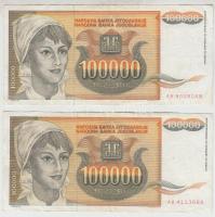 Jugoszlávia 1993. 100.000D (2x) T:III Yugoslavia 1993. 100.000 Dinara (2x) C:F