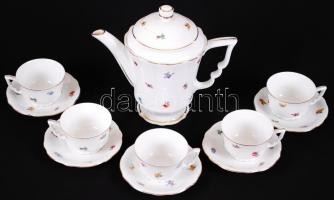 Hiányos, jelzett, pajzspecsétes Zsolnay kávéskészlet: 1db kiöntő, 5db kávéscsésze alátéttel. Virágmi...