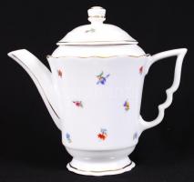 Hiányos, jelzett, pajzspecsétes Zsolnay kávéskészlet: 1db kiöntő, 5db kávéscsésze alátéttel. Virágmi...