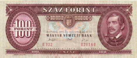 1993. 100Ft (3x) egymás utáni sorszámmal és nyomdai festékfoltokkal T:I