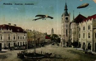 Munkács Arpád square, church, plane, airship (EK)