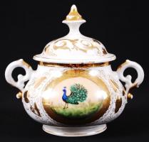 Pávás kiöntő és cukortartó, kézzel festett, gazdagon díszített mintákkal, jelzés nélkül, hibátlan, k...