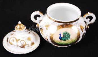 Pávás kiöntő és cukortartó, kézzel festett, gazdagon díszített mintákkal, jelzés nélkül, hibátlan, k...