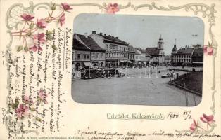 Kolozsvár, Mátyás tér / square, floral litho