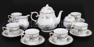 Hollóházi Erika teás készlet, jelzett, matricás, rózsán apró lepattanás / Hollohaza porcelain tea set