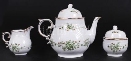 Hollóházi Erika teás készlet, jelzett, matricás, rózsán apró lepattanás / Hollohaza porcelain tea se...