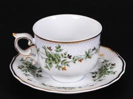Hollóházi Erika teás készlet, jelzett, matricás, rózsán apró lepattanás / Hollohaza porcelain tea se...
