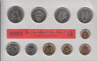 Németország 2001G 1Pf-5M 10klf db, benne 3klf 2M, forgalmi szett laminált tokban T:1 Germany 2001G 1 Pfennig - 5 Mark, 10 different with 3 different 2 Mark, coin set of the Bundesrepublic Deutschland in laminated packing C:UNC