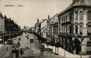 Debrecen Fő utca, Deutsch Lajos fűszer- és csemege boltja, Killer Ede üzlete, villamosok (EK)