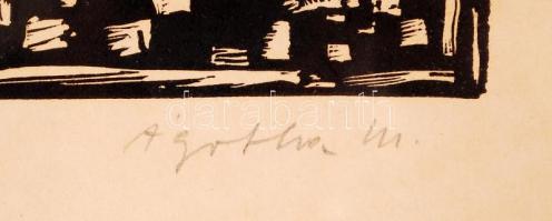 Ágotha Margit (1938-): Maszk vígjáték. Linó, papír, jelzett, üvegezett keretben 40×60 cm