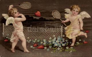 Angels playing badminton, Emb. litho