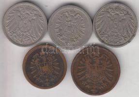 Német Birodalom 1874C 2Pf + 1886D 1Pf + 1875A 5Pf + 1894J 5Pf + 1898J 5Pf T:2-,3 
Germany-Empire 187...