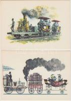 20 db modern, használatlan, kiváló állapotú, vonat motívumú képeslap, a Közlekedési Múzeum sorozata, pinx. Kondor Lajos / 20 modern, unused, excellent quality postcards about trains, pinx. Lajos Kondor