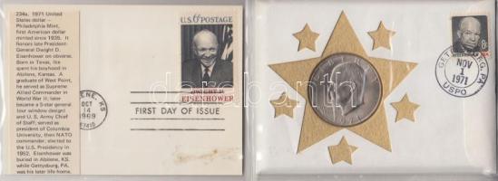 Amerikai Egyesült Államok 1971D. 1$ "Eisenhower" bélyeges borítékon alkalmi bélyegzővel tanúsítvánnyal T:Unc USA 1971D. 1 Dollar "Eisenhower" coin letter with stamp and certificate C:UNC