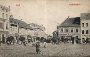 Arad, Szabadság tér, Daimel Lajos gyarmatáru kereskedése a 'Fekete kutyához' / square, shops (fa)