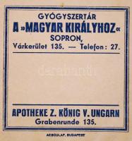 cca 1920 Gyógyszertár a "Magyar királyhoz", Sopron, gyógyszertári zacskó