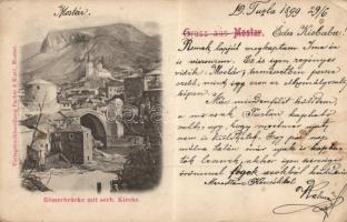 1899 Mostar Roman bridge with Serbian church (small tear)