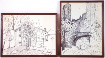 Bártfai Hűvös László (1883-1972):7 darab filc rajza, néhány viseltes állapotban, üvegezett keretekbe...