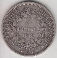 Franciaország / Második Köztársaság 1849A 5Fr Ag "Herkules csoport" Párizs (24.74g) T:2-  France / Second Republic 1849A 5 Francs Ag "Hercules group" Paris (24.74g) C:VF