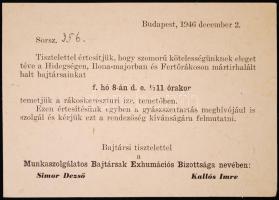 1946 A hidegségen megölt munkaszolgálatosok újratemetésére szóló meghívó /  1946 Invitation card for the reburial of labour service jews killed in Hidegség and Fertőrákos